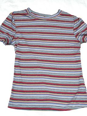 Multicolor Striped Rib-Knit Short Sleeve Tee